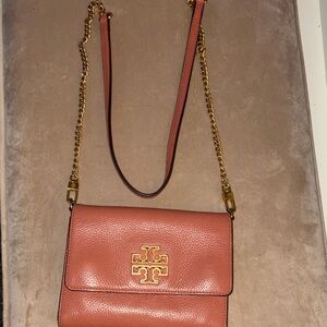 Tory Burch Caramel Brown Leather Crossbody with Gold Logo Chain